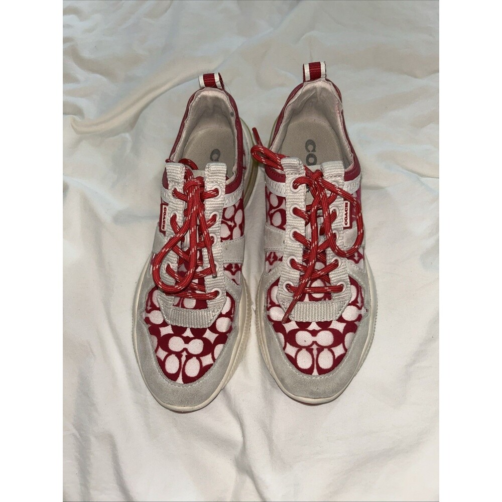 Coach Signature Pink White Low Top Lace-Up Sneakers Women's Rubber Sole Size 5.5